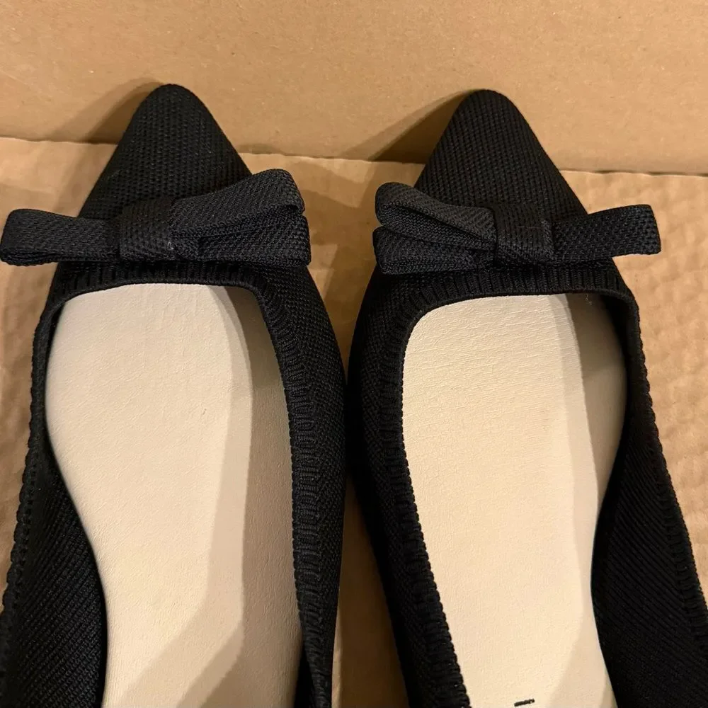 TAHARI Athens Black Bow Slip On Knit Ballerina Pointy Toe Classic Flats Size 9